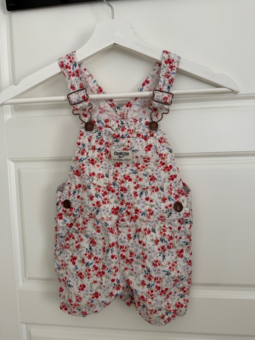OshKosh B'gosh White Floral Cotton Overalls with Red and Blue Flowers